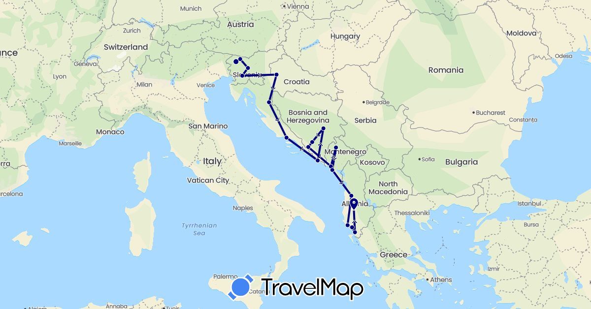 TravelMap itinerary: driving in Albania, Bosnia and Herzegovina, Croatia, Montenegro, Slovenia (Europe)